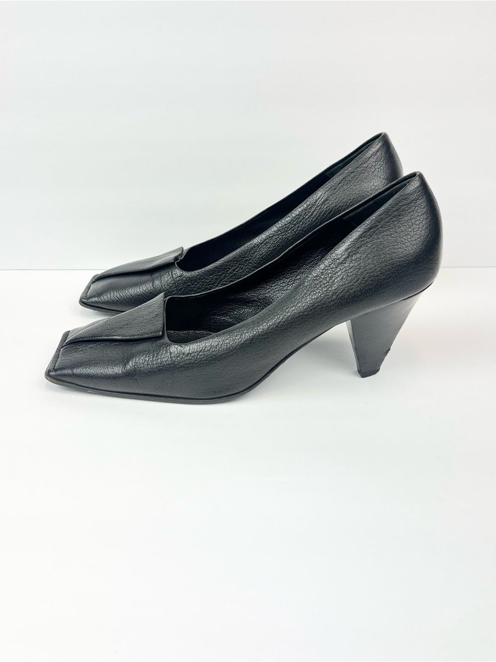 Jil Sander Black Leather Square-Toe Mid Block Heels US 7 Euro 37.5 Made In Italy - Picture 3 of 8
